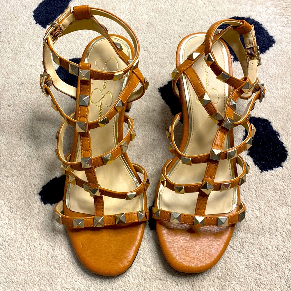 Jessica Simpson | gold studded sandals heels with tan/brown leather